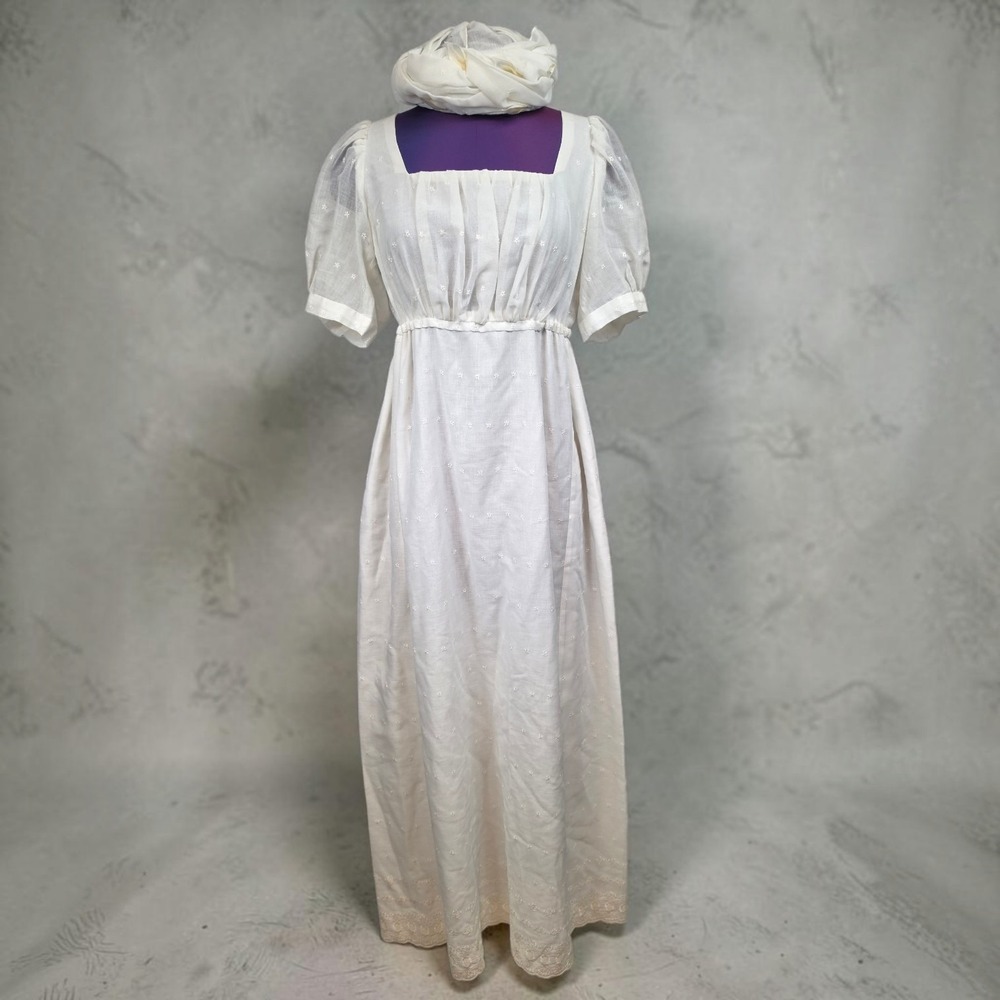 Vintage Regency Empire Waist Embroidered Gown with Matching Hat White Dress